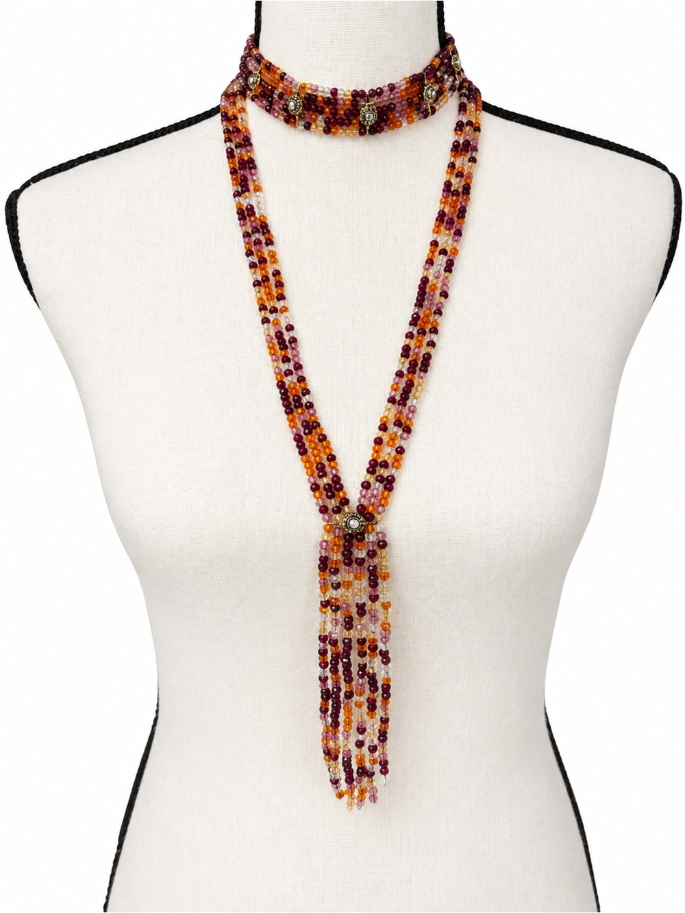 2-Piece Cranberry Fall Acrylic Beaded Necklace Set Choker & Long Tassel Necklace